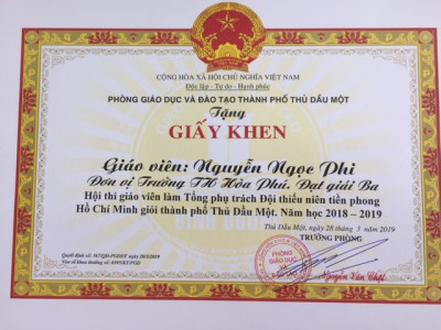 Chúc mừng cô Tổng phụ trách Đội  Nguyễn Ngọc Phi đạt giải Ba – Hội thi Tổng phụ trách Đội giỏi cấp thành phố, năm học 2018-2019