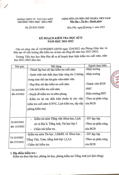 Kế hoạch kiểm tra học kì II - Năm học 2021-2022