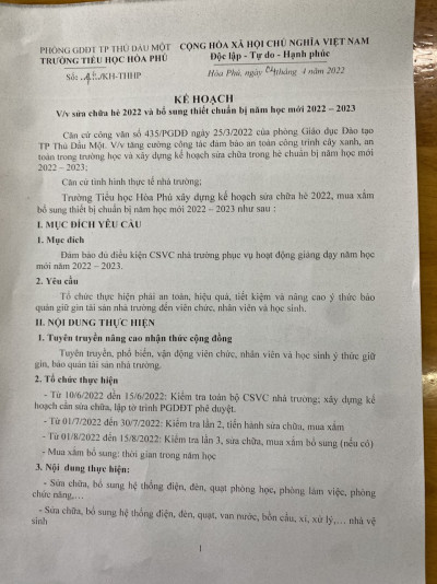 Kế hoach v/v sửa chữa hè 2022 và bổ sung thiết bị chuẩn bị năm học mới 2022-2023