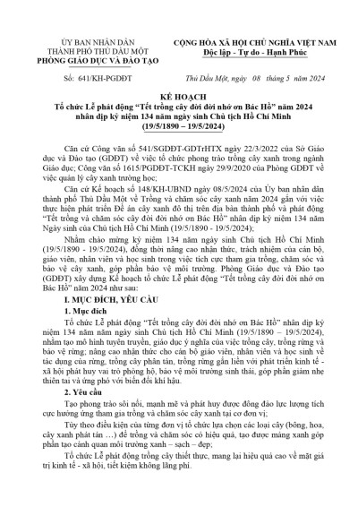 Kế hoạch tổ chức Lễ phát động "Tết trồng cây đời đời nhớ ơn Bác Hồ" năm 2024