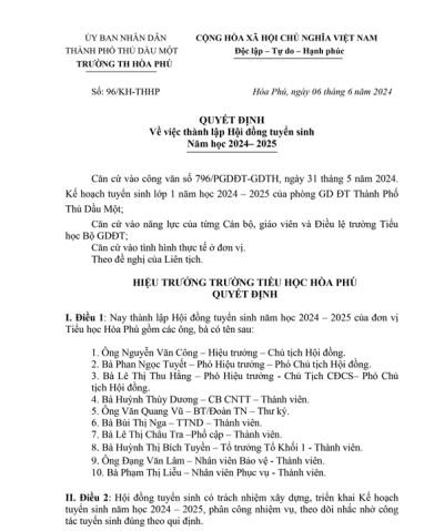 Quyết định thành lập Hội đồng Tuyển sinh Năm học 2024-2025