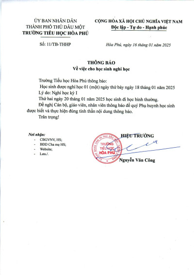 THỐNG BÁO NGHỈ HỌC KỲ I