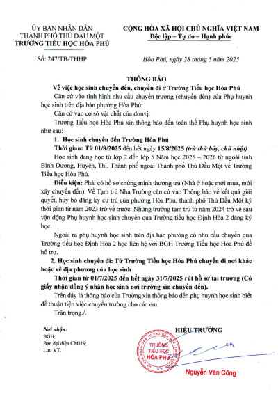 THONG BAO VE VIEC HOC SINH CHUYEN DI CHUYEN DEN