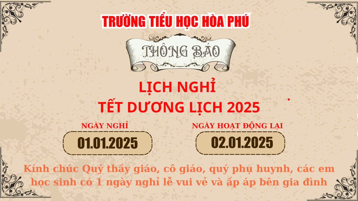 Thông báo Về việc nghỉ Tết Dương lịch và Tết Nguyên Đán Ất Tỵ 2025