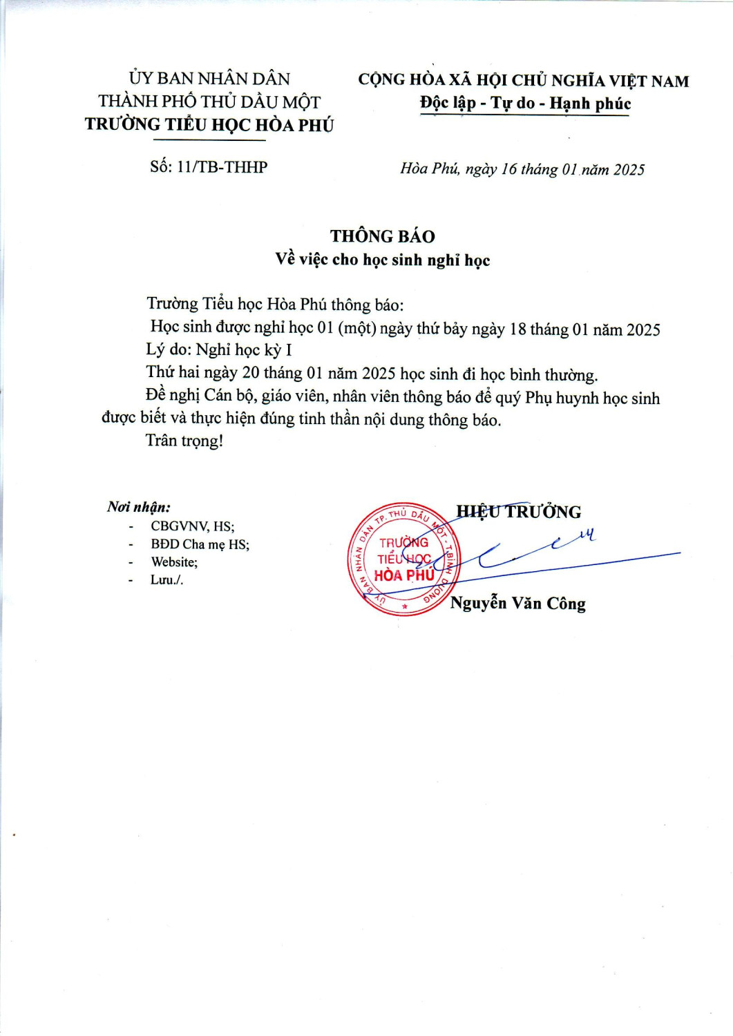 THỐNG BÁO NGHỈ HỌC KỲ I